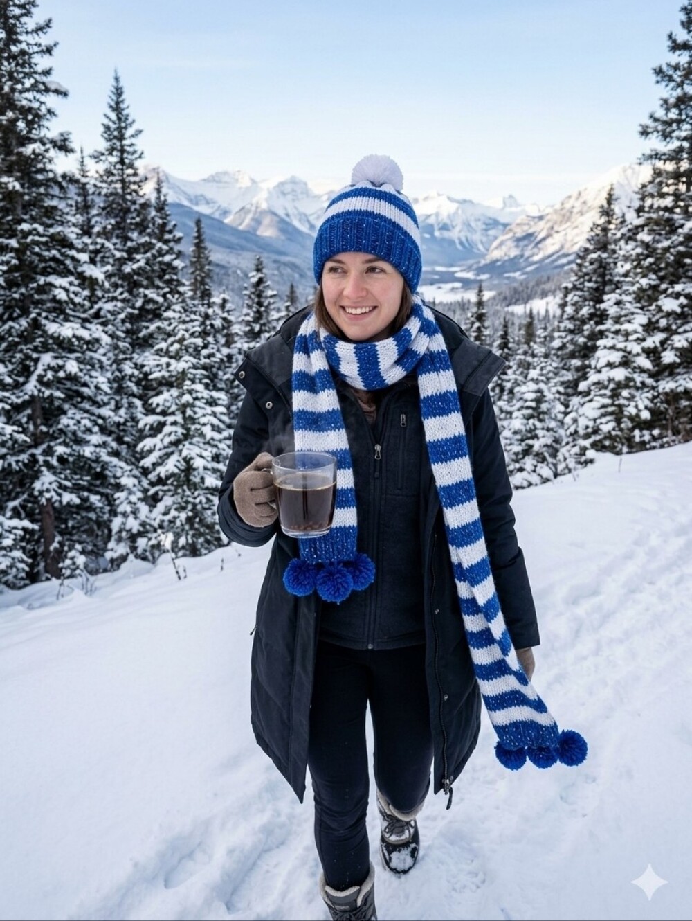 Blue & White Striped Knit Pom Beanie - Women